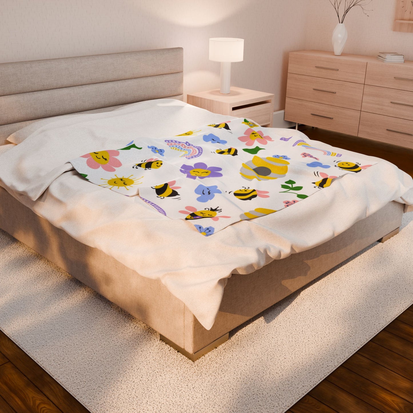 Whimsical Bee & Flower Velveteen Plush Blanket