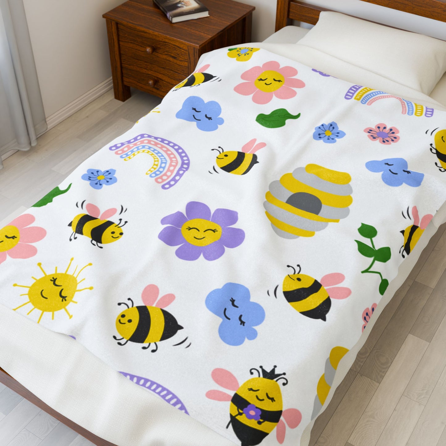 Whimsical Bee & Flower Velveteen Plush Blanket