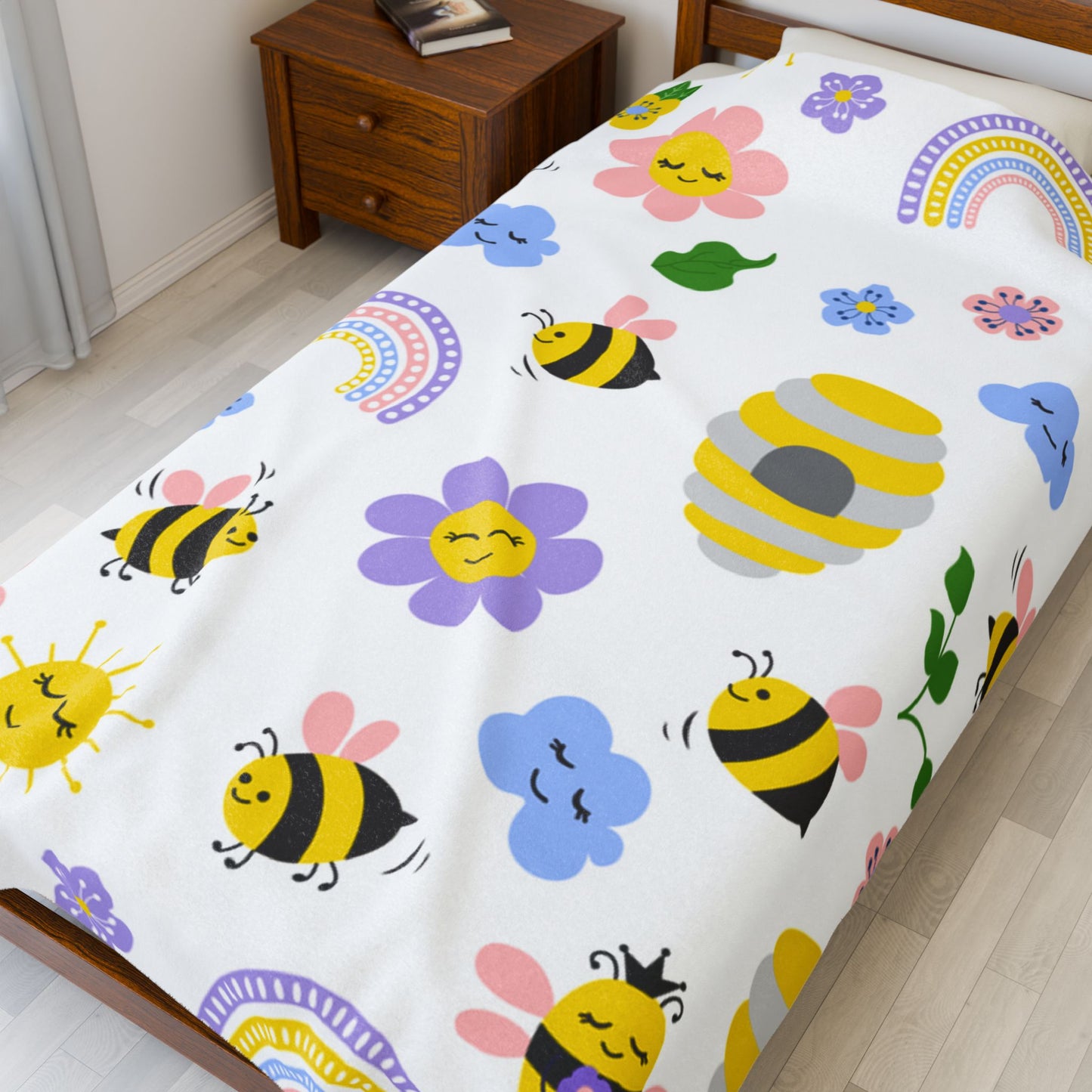 Whimsical Bee & Flower Velveteen Plush Blanket