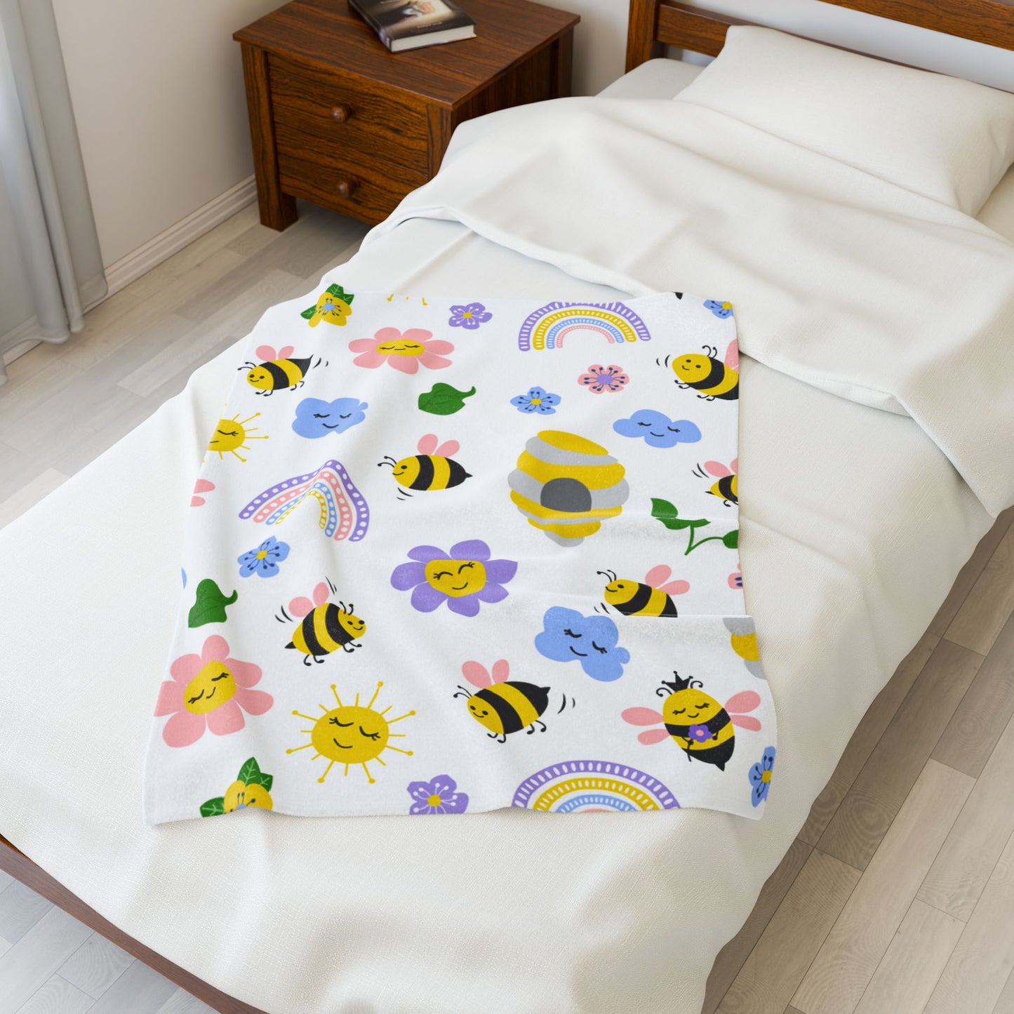 Whimsical Bee & Flower Velveteen Plush Blanket