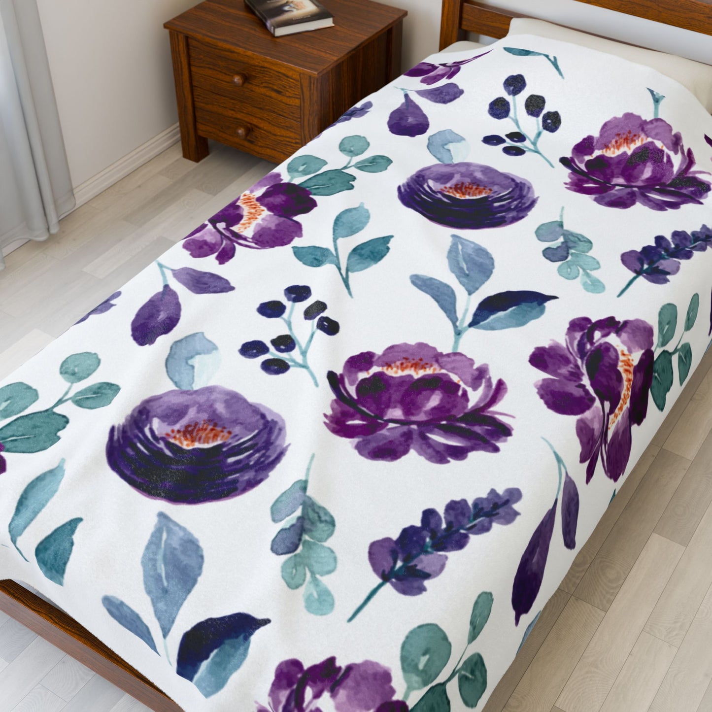 Violet Floral Velveteen Plush Blanket