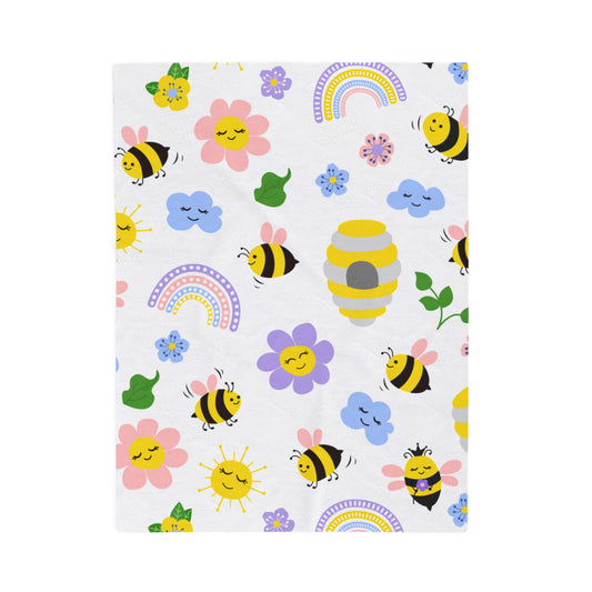 Whimsical Bee & Flower Velveteen Plush Blanket