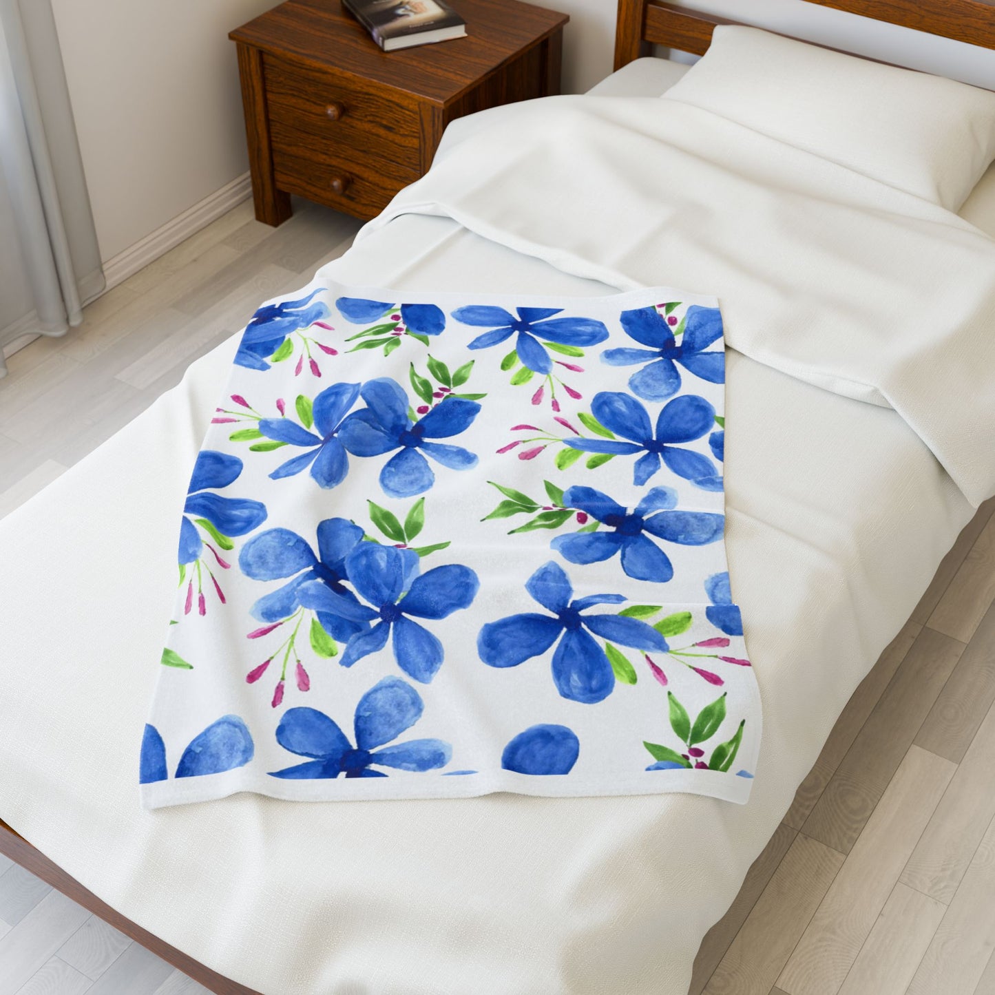 Blue Floral Velveteen Plush Blanket