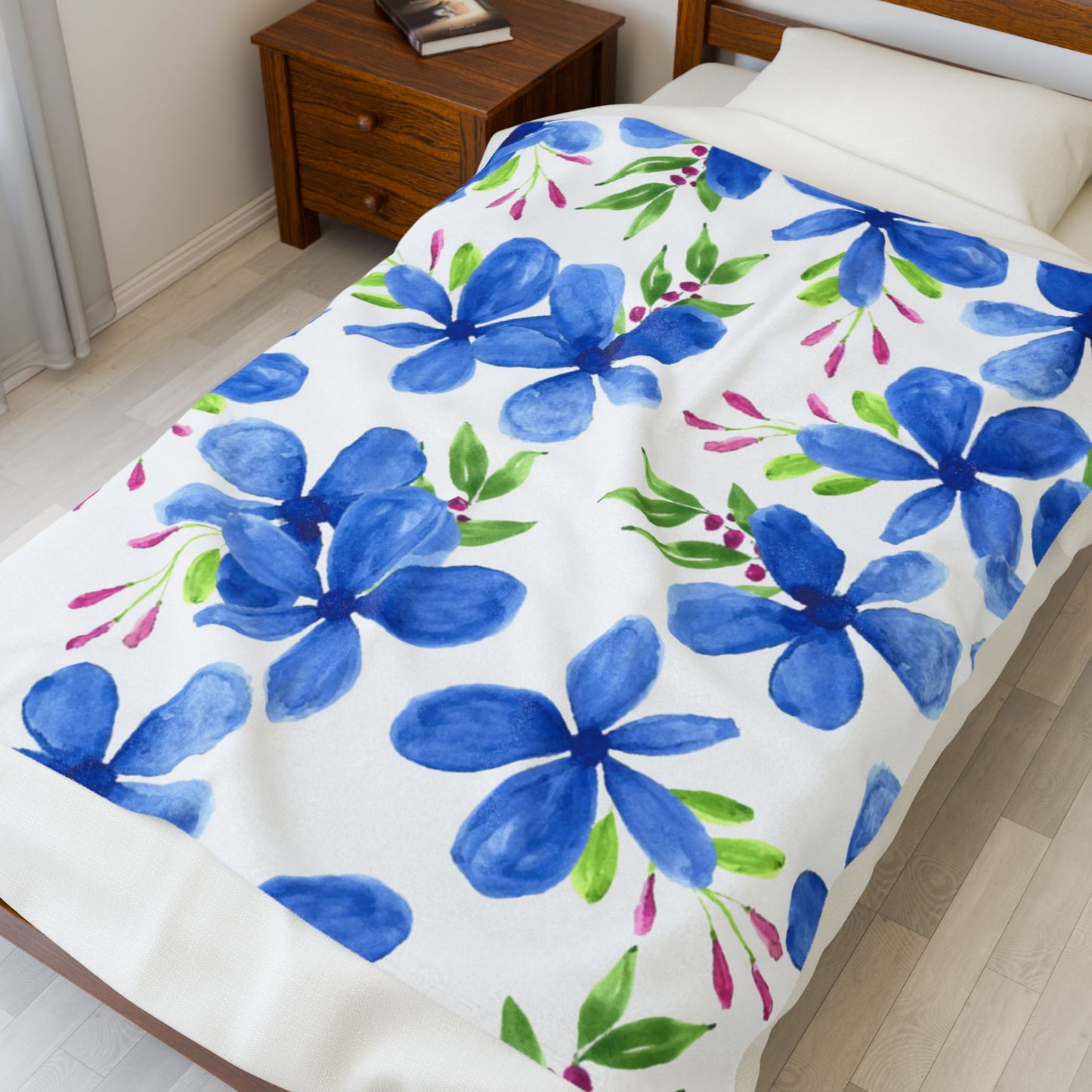 Blue Floral Velveteen Plush Blanket