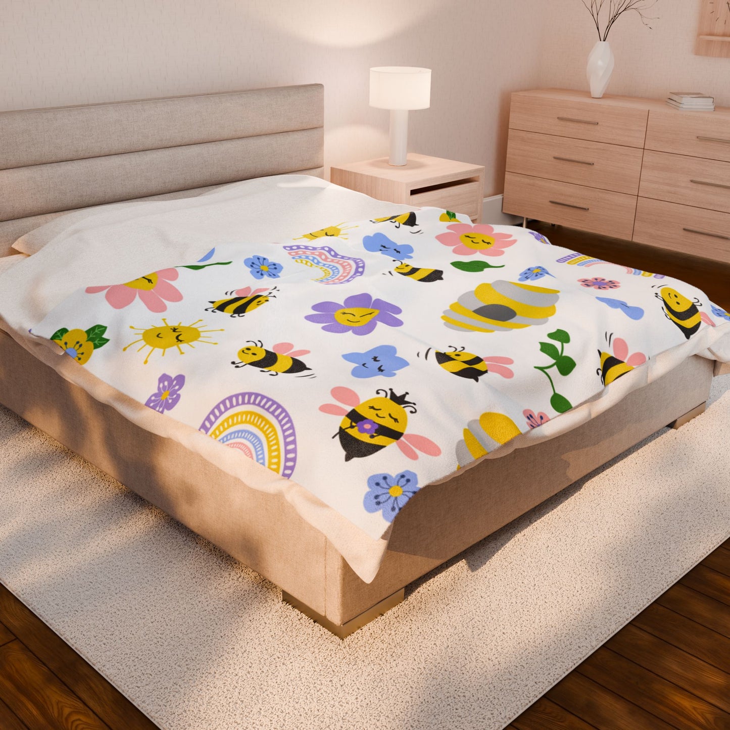 Whimsical Bee & Flower Velveteen Plush Blanket